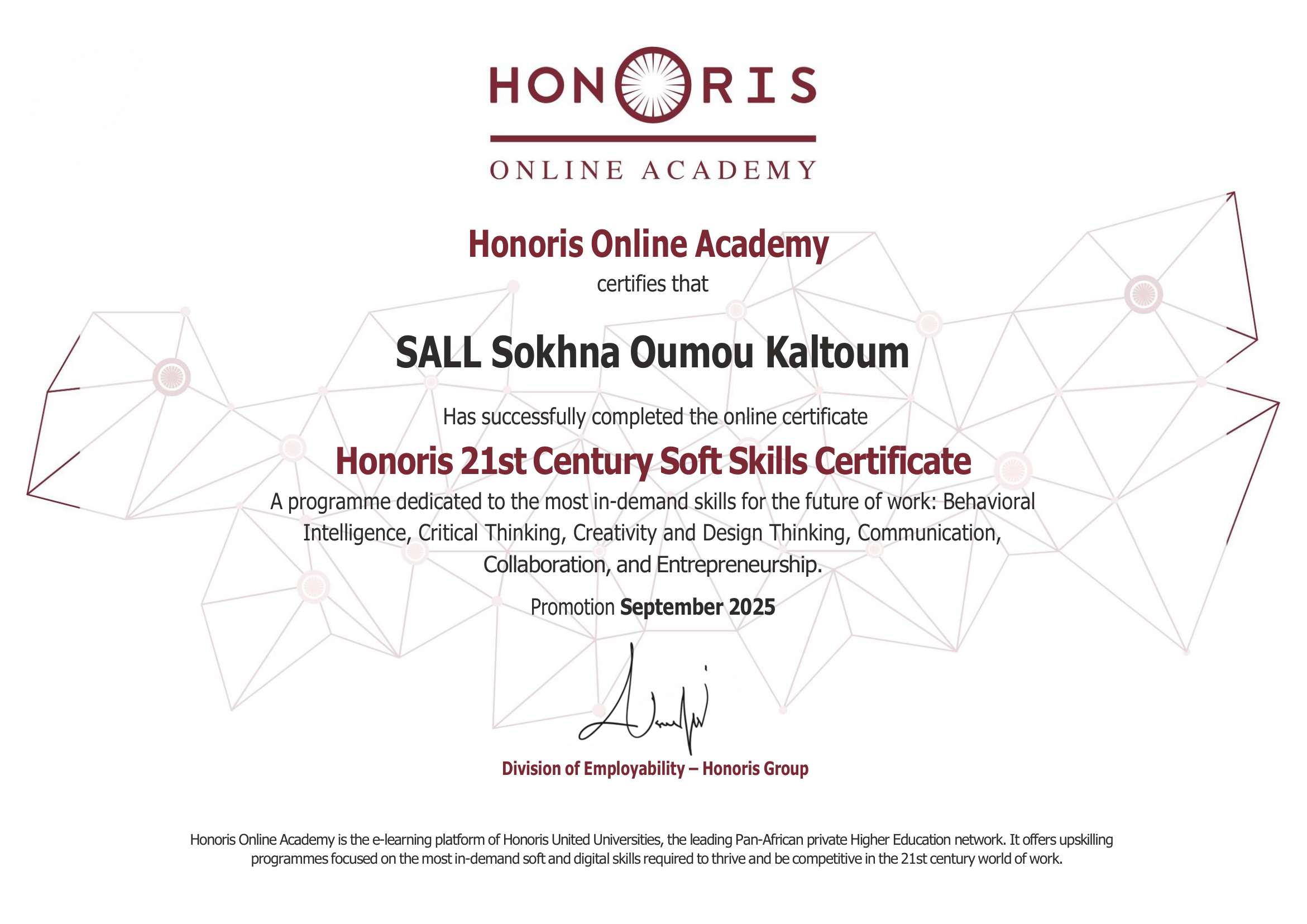 Certificat Honoris 21st Century Soft Skills - SALL Sokhna Oumou Kaltoum